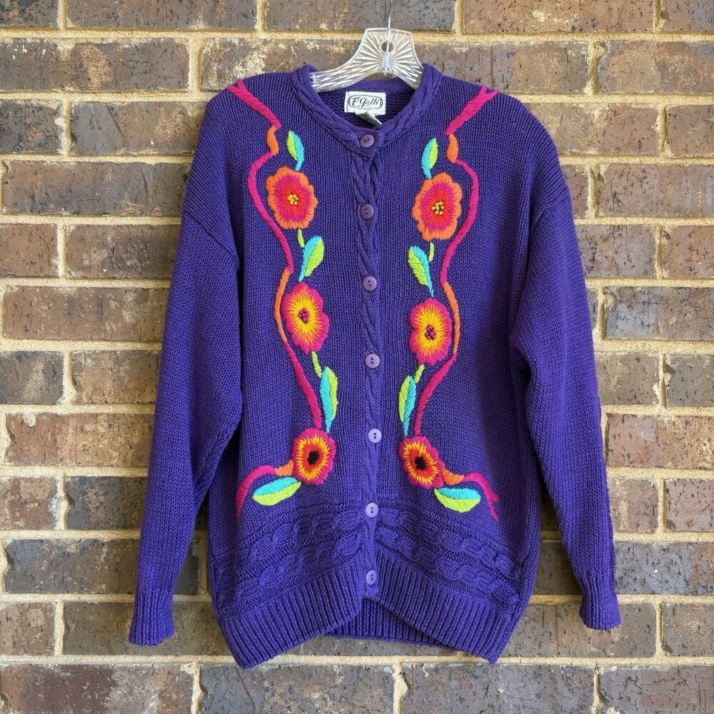 Embroidered Floral Cardigan Sweater Purple Vintage Cable Knit P’Galli Designs S